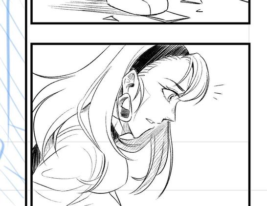 Black and white manga drawing. Female character is looking on the ground because something catched her attention.