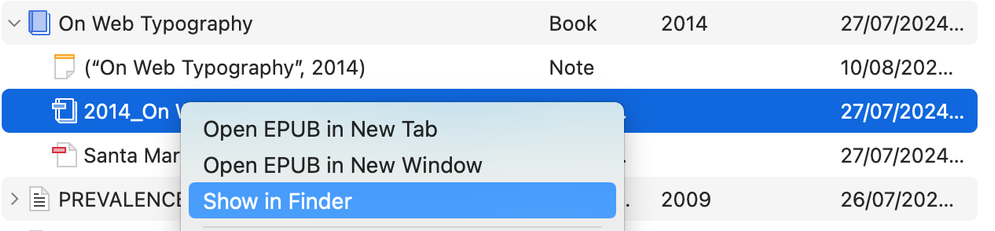 ePub context menu illustrating how to show where the file is through Show in Finder