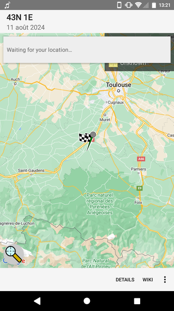 Screenshot of geohashdroid showing the geohash in my graticule for 11 of august, somewhere between Muret and St Gaudens