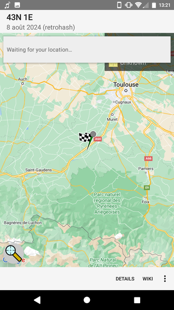 Screenshot of geohashdroid showing the point for the 8th of august, prtty much in the same place as the 11th of august one