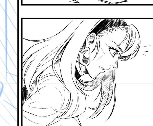 Black and white manga drawing of a female character. She is looking to the ground because something catched her attention. (Some details are different compared to the previous drawing)