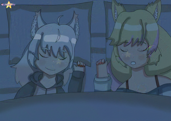 A drawing of two sleeping girls with animal ears: one has white hair, same color fox ears in a dark grey/pink pajamas, and the other one has curly blonde/pink hair, has yellow cat ears and wears white/blue striped shirt with red straps. The background is a white bedsheet with the same-colored pillows and blanket at nighttime.