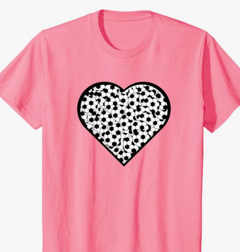 Our soccer love design has a big heart filled with soccer balls, shown on a T shirt.