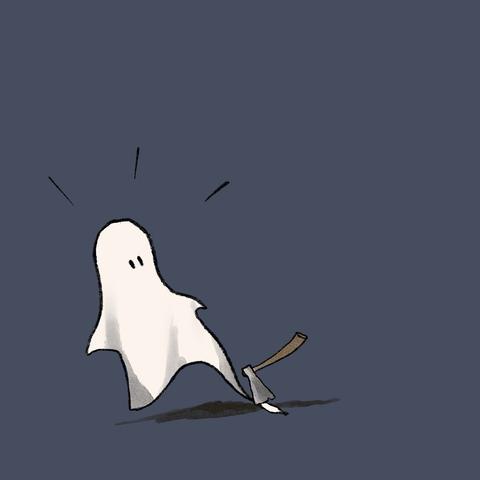 Ein erschrockenes Gespenst, dessen Tuch von einem Beil festgehalten wird