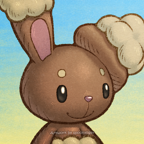 Digitally handmade fanart profile of a Buneary Pokémon facing forward towards the right side of the image at a 3/4 angle with a smiling facial expression, on a blue-to-yellow gradient background.