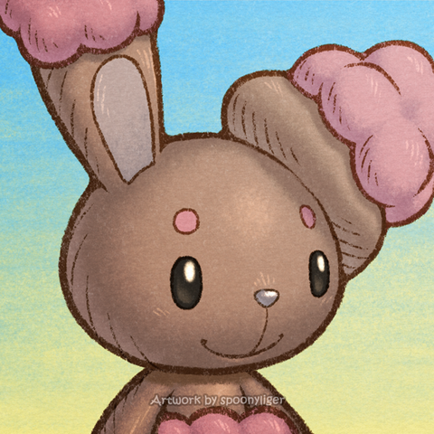 Digitally handmade fanart profile of a shiny Buneary Pokémon facing forward towards the right side of the image at a 3/4 angle with a smiling facial expression, on a blue-to-yellow gradient background.