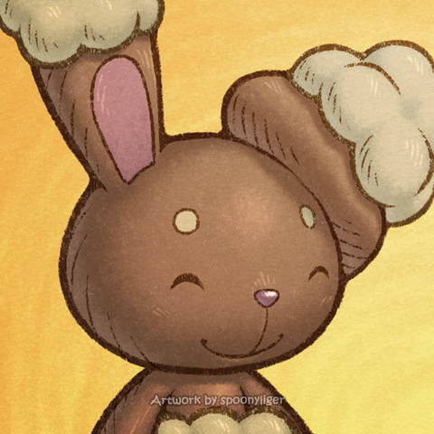 Digitally handmade fanart profile of a Buneary Pokémon facing forward towards the right side of the image at a 3/4 angle with a happy facial expression, on an orange gradient background.
