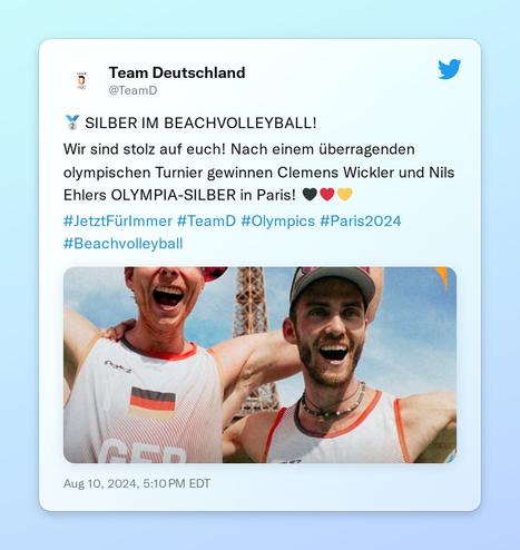 🥈 SILBER IM BEACHVOLLEYBALL!

Wir sind stolz auf euch! Nach einem überragenden olympischen Turnier gewinnen Clemens Wickler und Nils Ehlers OLYMPIA-SILBER in Paris! 🖤❤️💛

#JetztFürImmer #TeamD #Olympics #Paris2024 #Beachvolleyball https://t.co/JKxcmskADy