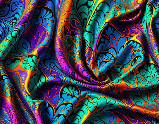 Vibrant imaginary fabric in flowing folds, printed with abstract stylized petal motifs in bold teal, orange, purple, and blue colors, with a happy feeling.