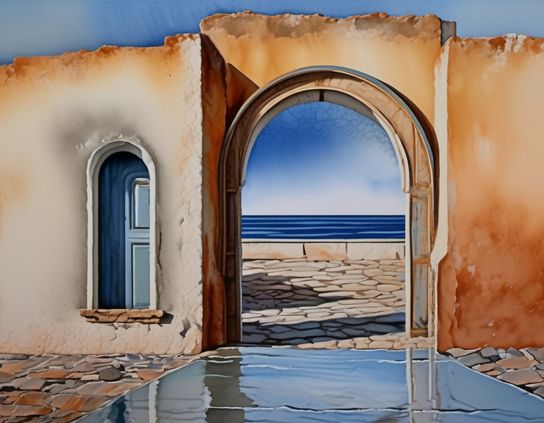 A seaside view through an arched doorway with a reflection on a wet stone floor, featuring weathered walls, rustic colors, and a clear blue sky in a Mediterranean style.