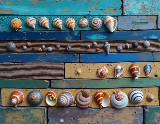 A collection of seashells, mostly stripey, displayed on weathered wooden planks in blue, green, brown, and yellow tones, arranged in an organized, coastal decor style.
