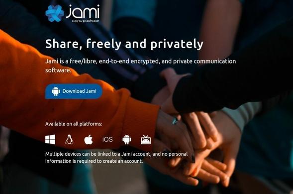 The image is a promotional banner for Jami, a free and open-source, end-to-end encrypted, and private communication software. It features the Jami logo at the top, followed by the text "Share, freely and privately." The description below reads, "Jami is a free/libre, end-to-end encrypted, and private communication software." There's a blue button labeled "Download Jami" and text indicating that the software is available on multiple platforms, including Windows, macOS, iOS, Android, and Android TV. The image background shows a close-up of multiple hands stacked together, symbolizing unity and collaboration.