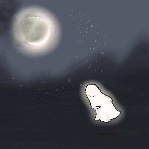 Ein Gespenst, dass sich unterwürfig vor dem leuchtenden Vollmond verneigt