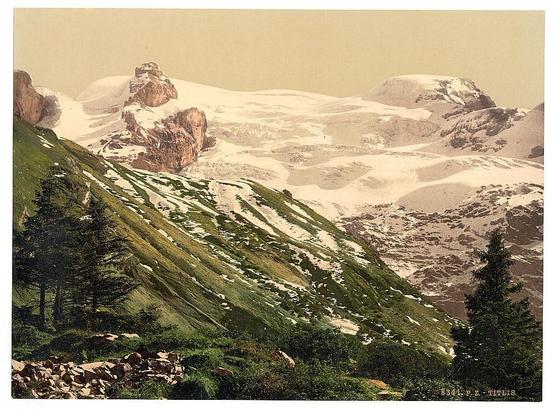 The image depicts a mountainous landscape with lush green slopes and patches of snow. There are trees scattered throughout the scene, indicating that this is a forested area. In the background, majestic snow-capped mountains rise against a sky that suggests it might be early morning or late afternoon due to the soft lighting. The overall color palette of the image is muted with earth tones dominating the scene.