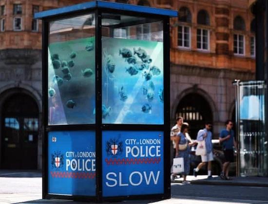 A central London glass police box has been made to look like a tank of piranhas, in the seventh in series of works by the graffiti artist Banksy.