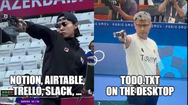 Kim Yeji, of South Korea, and Yusuf Dikec, of Turkey, in the 10m air pistol competition 
Caption over Kim: Notion, Airtable, trellis Slack
Caption over Yusuf: todo.txt on the desktop