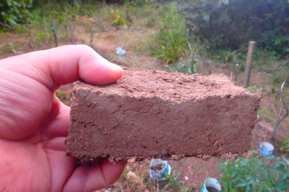 Me holding my first mud brick.