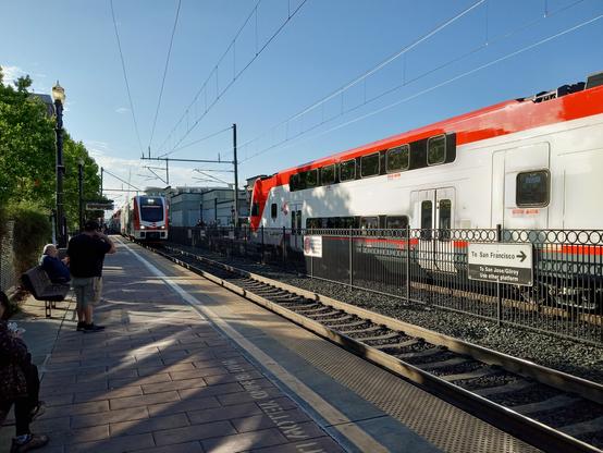 About to get on the very first scheduled electric train on CalTrain.
