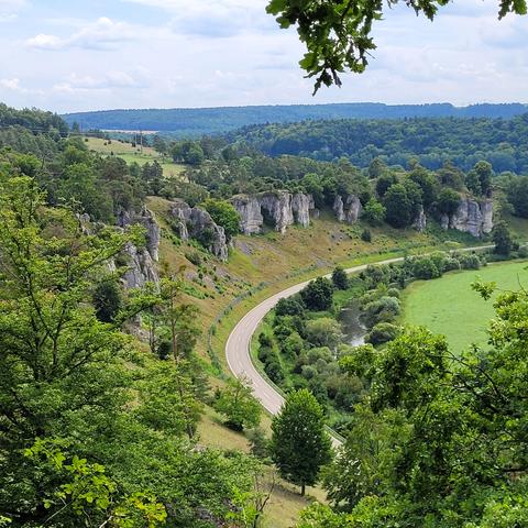 Blick zu den Felsen oberhalb der Straße