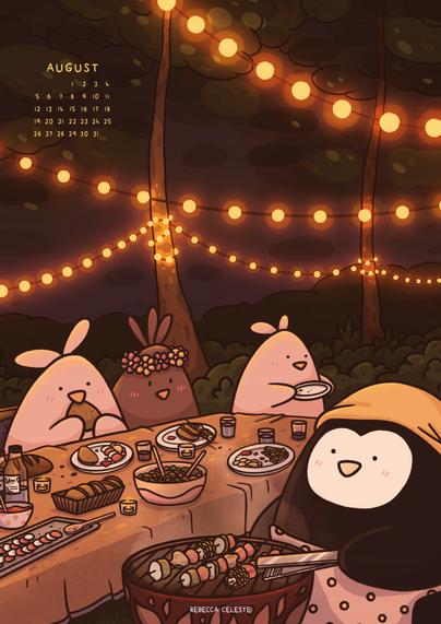 A penguin on a Barbecue. In the background three birds on a table. They are outside and it is dark. A chain of lights lighten the scene.