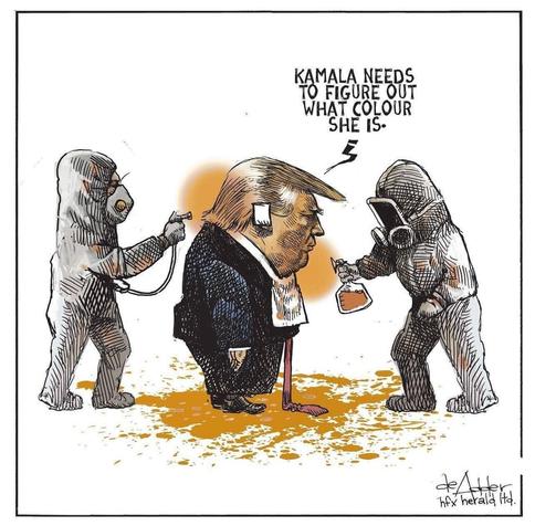 Political cartoon by Canadian artist Michael de Adder of the Halifax Herald:
Convicted felon Donald Trump being spray-tanned and having his hair dyed by 2 people in hazmat suits. He wears his emblematic overly long red tie and has a large bandage on his ear. He is saying, "Kamala needs to figure out what colour she is."