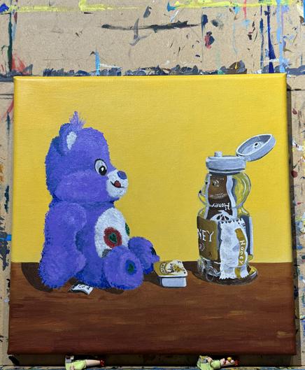 Painting depicting the Carebear called Share Bear looking at a bear-shaped plastic honey bottle across a square individual serving packet of Smucker’s honey. The plastic honey bear is filled with plastic rectangular packets of various honey brands.