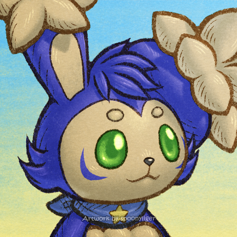 Digitally handmade profile artwork of a blue and tan original character based on the Buneary Pokémon facing forward towards the right side of the image at a 3/4 angle with a smiling facial expression, on a blue-to-yellow gradient background.