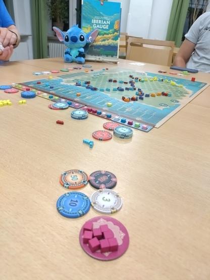 Ein blaues Plüschmonster (Stitch) Sitz auf dem Tisch, hinter ihm der Spielkarton von Iberian Gauge. Davor liegt das Spielbrett, auf dem viele Züge liegen. In Vordergrund liegen Poker-Chips und pinke Holzsteine in Würfelform.