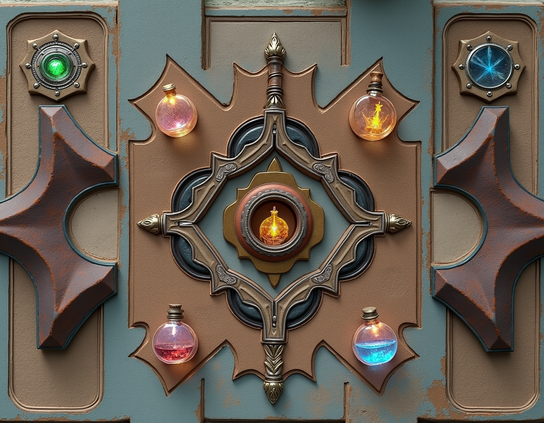 Potion storage with a magical theme, holding glowing vials and round status displays on a weathered carved and painted wooden wall.