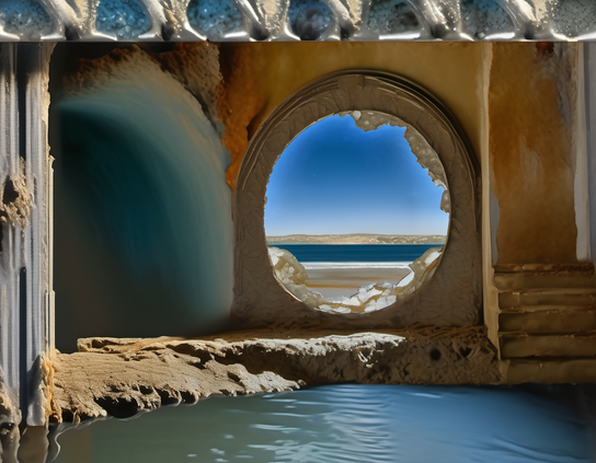 Ruined building converted to rough rock pool, with weathered stone walls and a circular window with a broken edge showing a seaside view under a clear blue sky.