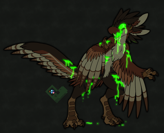 digital art of an avali character, eyeing the viewer menacingly from the side, large fissures/cuts with glowing green goo oozing out of them. His eyes and mouth are also glowing and oozing green goo.