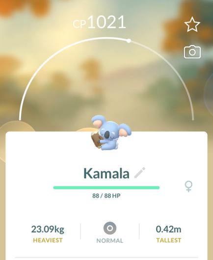 An adorable little blue koala like Pokémon is clasping a piece of wood in the Pokémon Go app