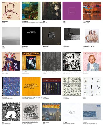 Collage des pochettes des albums de Aksak Maboul (Figures), Aksak Maboul (Une Aventure De VV (Songspiel) (Made To Measure Vol. 48)), Artús (Cerc), CHBB (CHBB), E.S.P.Continent (Mars Is A Ten), Eleh (11916), ESP Summer (Mars Is A Ten), ESP Summer (天国の王国), Fire! Orchestra (Exit!), French Cowboy & The One (AF), Gang Gang Dance (Saint Dymphna), Geggy Tah (Grand Opening), Ibelisse Guardia Ferragutti & Frank Rosaly (Mestizx), Intercommunal Free Dance Music Orchestra (L'Inter Communal), Katerine (Confessions), Moonshake (Eva Luna [Deluxe Edition]), Pascal Bouaziz / Michel Cloup / Patrice Cartier (Ville Nouvelle / Nouvelle Ville), Prolapse (Killing The Bland), Prolapse (The Italian Flag), Rome (Rome), SML (Small Medium Large), Stian Westerhus & Maja S. K. Ratkje (All Losses Are Restored), Sufjan Stevens (Illinois), Tim Gane (Flashing Noise Mix For Bleep), Tortoise (Millions Now Living Will Never Die)