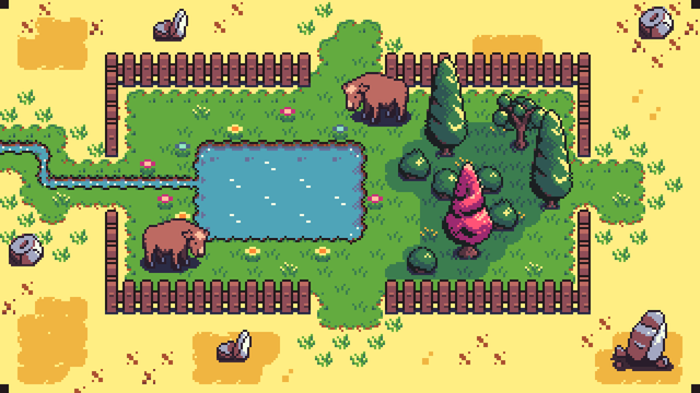 A fenced in pond with some trees, in a pixel art style