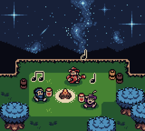 A cliffside bonfire with some people singing, in a pixel art style