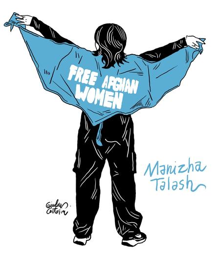Перерисовка в сине-чёрно-белых тонах правозащитной акции г-жи Талаш на спортивных состязаниях в Париже. Атлетка в чёрной спортивной одежде свободного кроя стоит, расставив руки в стороны и спиной ко зрительницам. В руках она держит кончики треугольной синей накидки, на которой белыми буквами написано «Free Afghan Women». // A blue, black and white re-imagining of Manizha Talash’s human rights action at a sports competition in Paris. The athlete, in loose-fitting black sportswear, stands with her arms outstretched and her back to the spectators. She holds the ends of a triangular blue cape with the words “Free Afghan Women” written on it in white letters. // 10 August 2024 © Gianluca Costantini, via @channeldraw@twitter.com