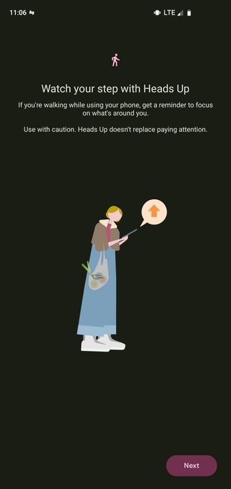 Screenshot of a digital drawing with text description of someone looking at their phone while walking, and they receive a notification to look up where they are going