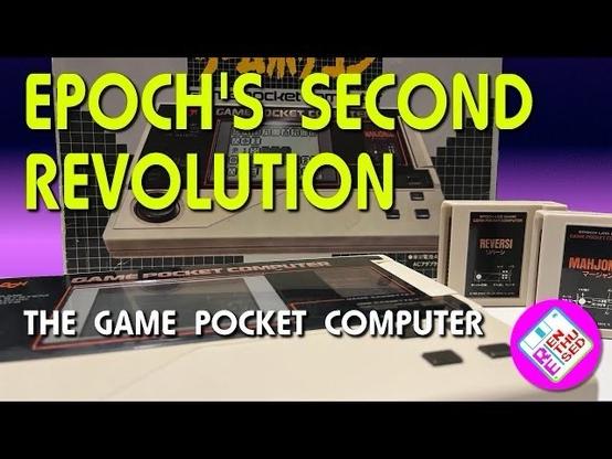Close-up of an Epoch Game Pocket Computer console with two game cartridges. Bold text reads "Epoch's Second Revolution" and "The Game Pocket Computer."