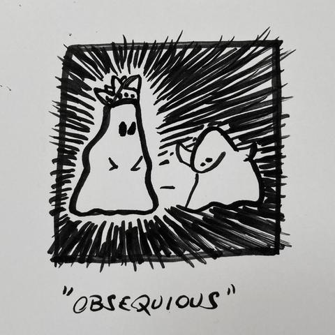 Schwarzweiss Scribble, ein Cartoongeist verbeugt sich vor einem anderen, der eine Krone auf hat und grimmig schaut