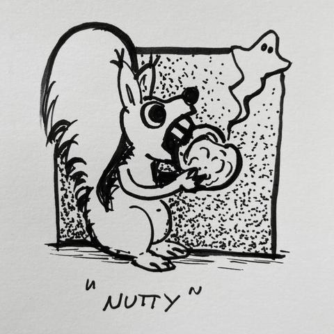 Schwarzweiss Scribble; Eichhörnchen beisst in eine Nuss, aus der ein Cartoongeist entweicht