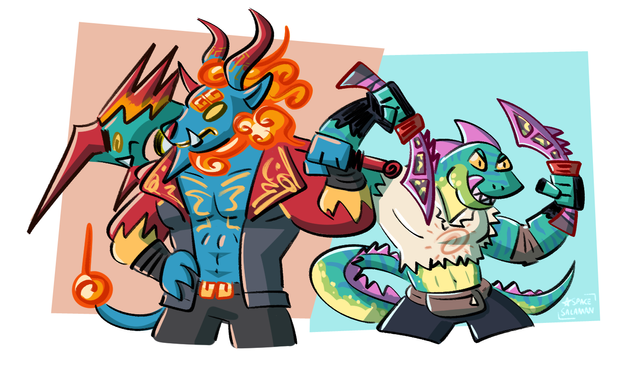 firewalker and lizzik posing with their mace and daggers