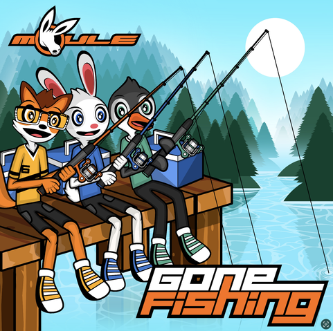 The cover artwork for my next release "Gone Fishing".

It shows three anthropomorphic cartoon animal characters sitting on a wooden pier by a lake. From left-to-right, they are:

• Robin, an orange fox wearing his favourite yellow t-shirt, grey shorts, yellow and white shoes, and his "Visionaria" AR glasses, currently tinted yellow to show he's happy. He smiles with his mouth open and holds an orange fishing rod.

• Robert, a white rabbit wearing his favourite blue t-shirt, the same grey shorts Robin has, and blue and white matching shoes. He also smiles with his mouth open and holds a blue fishing rod.

• Mersey, a grey-and-white penguin with orange beak, wearing his favourite turquoise t-shirt, long grey pants, and turquoise-and-white shoes similar to Robin and Robert's. He holds a turquoise fishing rod and looks to Robert.

The background is a wilderness setting with pine trees on hilly terrain, fading into a foggy background with a clear sky and sun above the clearance to the right showing a river flowing through it.

The MOULE logo and title text "Gone Fishing" are shown in a slanted, blocky orange and white font outlined in black.
