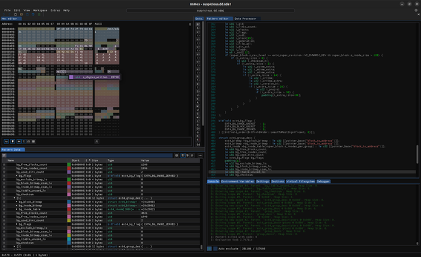 Screenshot of the Imhex program main window. On the left, a hex visualization of the ext4 superblock, with colors delimiting different entries. Under it, a Pattern Data tab showing the parsed structs