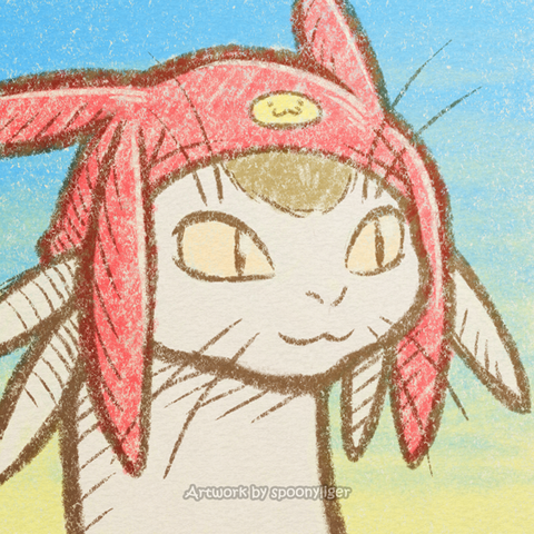 Digitally handmade fanart profile of Mymyamo from Space Dandy, facing forward towards the right side of the image at a 3/4 angle with a smiling facial expression, on a blue-to-yellow gradient background.