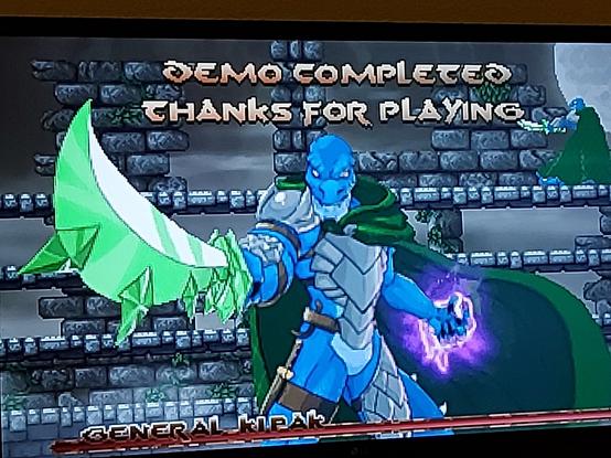 Captura videojuego Abathor, en el que dan las gracias por jugar la demo. Aparece enemigo final de fase, similar a un lagarto, de color azul. Con espada verde. Desafiante.
