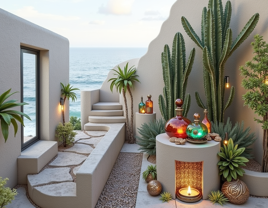 A secluded coastal terrace with modern poured concrete walls and floor,  decorated with tall cacti, succulents, ornate glowing bottles, and accent lights. in the foreground a wide shallow candle burns in a niche.
