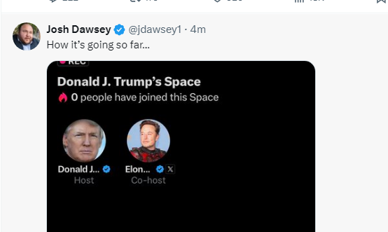 C Josh Dawsey @ @jdawsey1 - 4m How it's going so far... Donald J. Trump’s Space # 0 people have joined this Space g e LIS Elon..