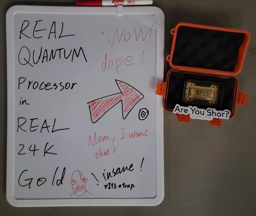 Ion-trapping in a display case on a table. A whiteboard is next to it with an arrow pointing towards the trap and the following text: 

Real quantum processor in real 24k gold

Wow! Dope!

Mom, I want that! 

Insane!

(Drawing of Admiral Ackbar) It's a trap