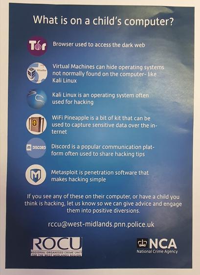 NCA Propaganda Posta with the Title *"What's on a childs computer?"'* villifying Tor, VirtualBox, Kali Linux, WiFi Pineapple, Discord and Metasploit...