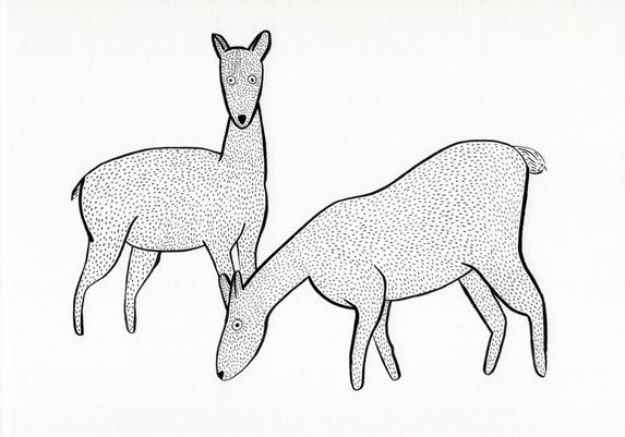 drawing of two deer, one looking at us (breaking the 4th wall), one eating on the ground. both have the eyes wide open